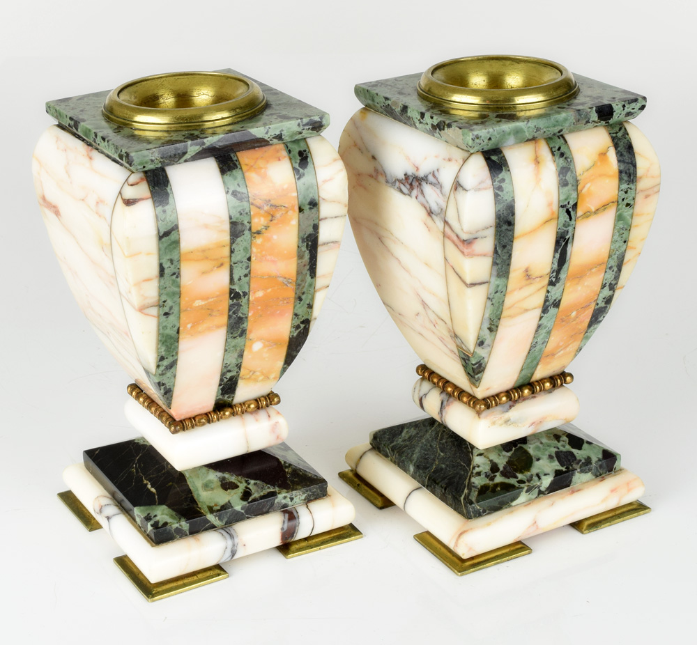 PAIR of LARGE 1920s French ART DECO Marble & Brass CANDLESTICKS Candle