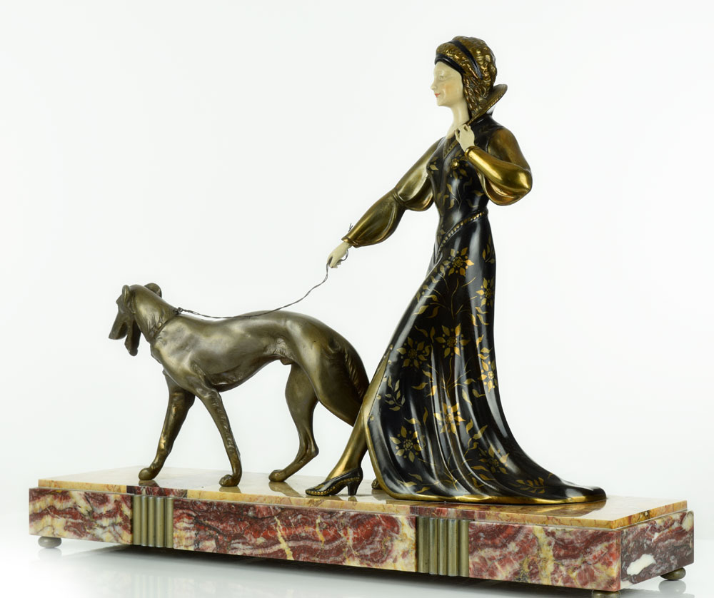 HUGE 1920s French ART DECO LADY with BORZOI DOG SCULPTURE by SCALI